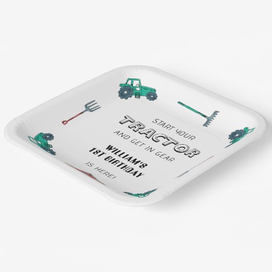 Sketchy Green Tractor Boerderij Boy Verjaardag Papieren Bordje (Gebogen)