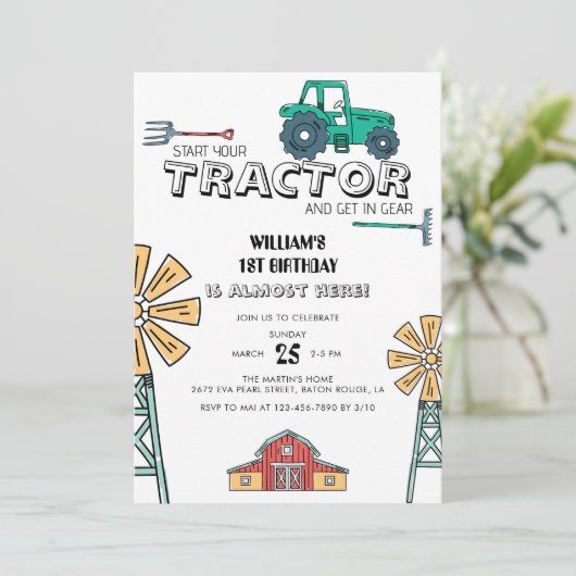 Sketchy Green Tractor Boerderij Windmill 1e Verjaa Kaart (Staand voorkant)