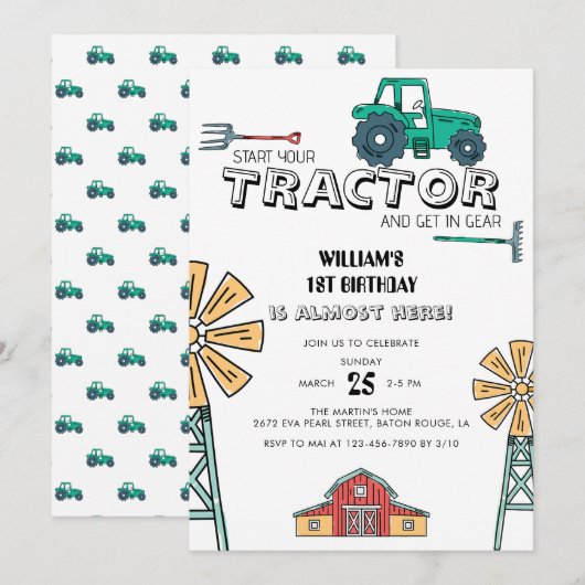 Sketchy Green Tractor Boerderij Windmill 1e Verjaa Kaart (Voorkant / Achterkant)