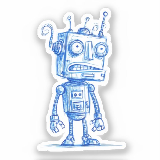 Sketchy Robot Sticker — Eigenzinnig handgetekend o (Voorkant)