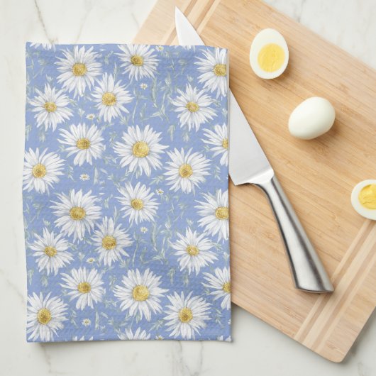 Sketchy White Daisies op Blauw Theedoek (Quarter Fold)