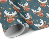 Sketchy Winking Reindeer Face Teal Pattern Cadeaupapier (Rol Hoek)