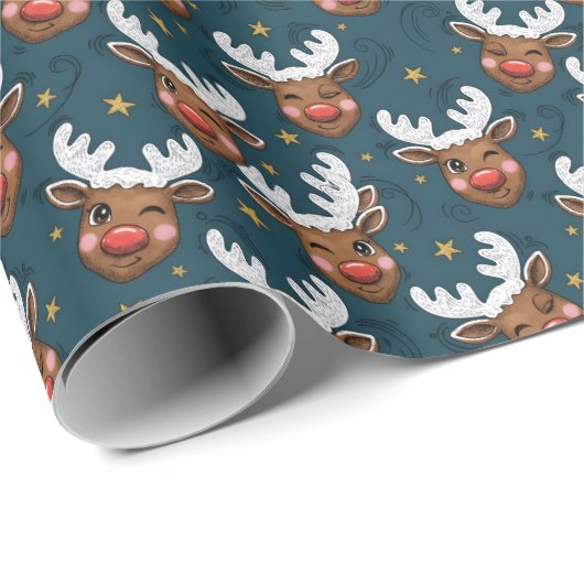Sketchy Winking Reindeer Face Teal Pattern Cadeaupapier (Rol Hoek)