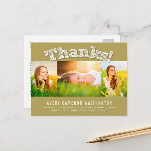 Sketting Bedankt Multi 3 Foto Afstuderen Hartelijk Briefkaart (Voorkant / Achterkant in situ)