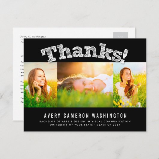 Sketting Bedankt Multi 3 Foto Afstuderen Hartelijk Briefkaart (Voorkant / Achterkant)