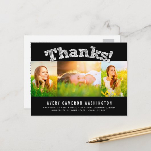 Sketting Bedankt Multi 3 Foto Afstuderen Hartelijk Briefkaart (Voorkant / Achterkant in situ)