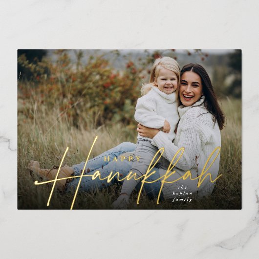 Sketting Cursive Full Photo Hanukkah Folie Feestdagenkaart (Voorkant)