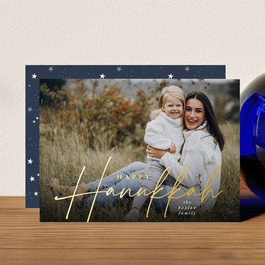 Sketting Cursive Full Photo Hanukkah Folie Feestdagenkaart
