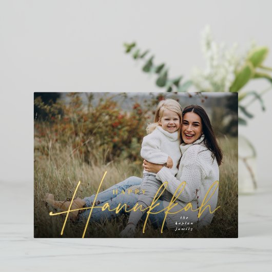 Sketting Cursive Full Photo Hanukkah Folie Feestdagenkaart (Staand Voorkant)