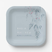 Sketting grasbessen winterstoffige blauwe bruiloft papieren bordje (Voorkant)