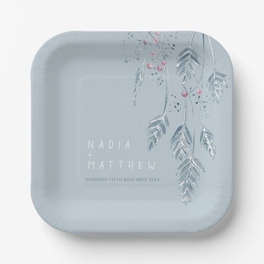 Sketting grasbessen winterstoffige blauwe bruiloft papieren bordje (Voorkant)