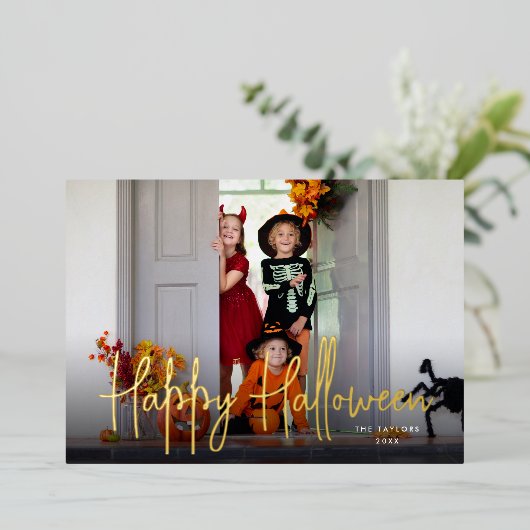 Sketting Script Halloween Foto Folie Feestdagenkaart (Staand Voorkant)