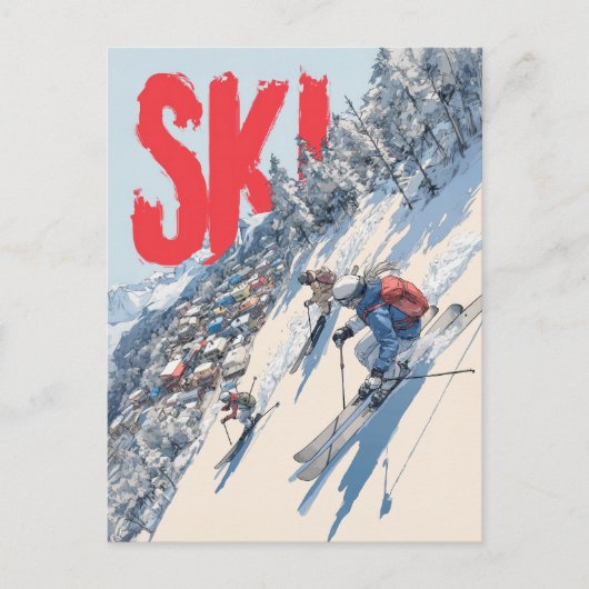 Ski-avontuur op berghelling briefkaart (Voorkant)