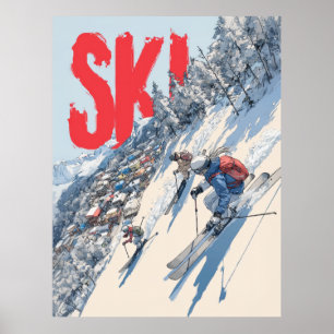 Ski-avontuur op berghelling poster