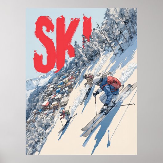 Ski-avontuur op berghelling poster (Voorkant)