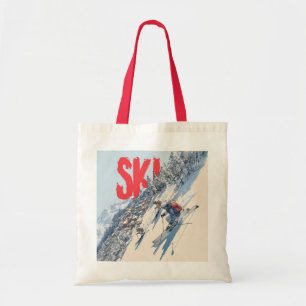 Ski-avontuur op berghelling tote bag