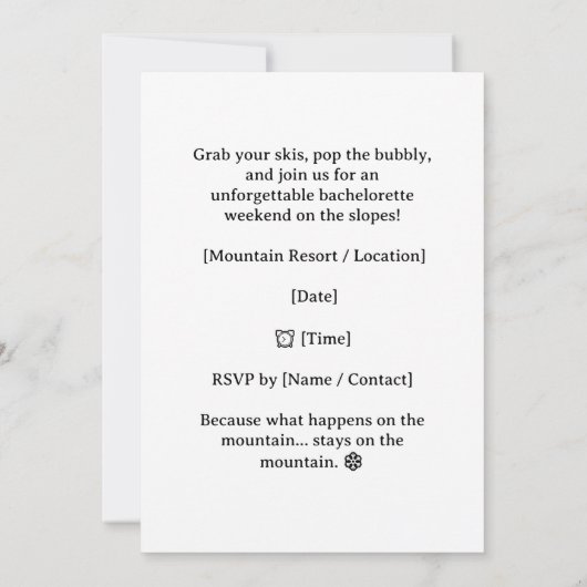 Ski Bachelorette Weekendbruid op de pistes Kaart (Achterkant)