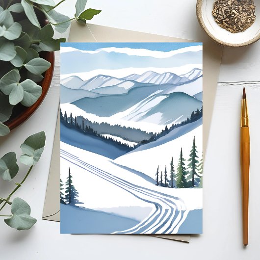 Ski Berg Watercolor Feestdagen Kaart