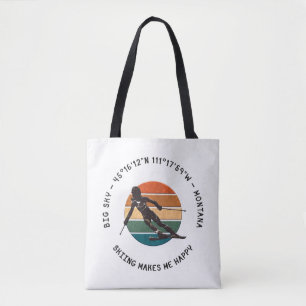 Ski Big Sky, Montana - Vrouw skiër, zwarte tekst Tote Bag