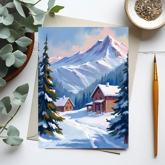 Ski Cabin Mountain Landscape Watercolor Winter Briefkaart