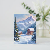 Ski Cabin Mountain Landscape Watercolor Winter Briefkaart (Staand voorkant)