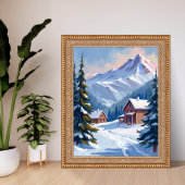Ski Cabin Mountain Landscape Watercolor Winter Poster