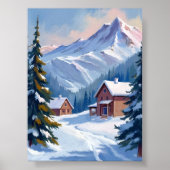 Ski Cabin Mountain Landscape Watercolor Winter Poster (Voorkant)