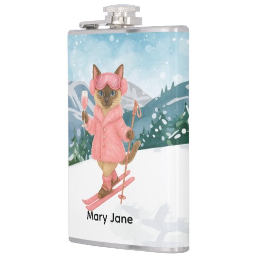 Ski Cat is aan het skiën in Pink Bachelorette Part Heupfles (Links)