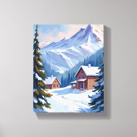 Ski Chalet Berglandschap Aquarel Winter Canvas Afdruk (Voorkant)