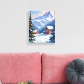 Ski Chalet Berglandschap Aquarel Winter Canvas Afdruk (Insitu (Woonkamer))