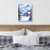 Ski Chalet Berglandschap Aquarel Winter Canvas Afdruk (Insitu (Slaapkamer))