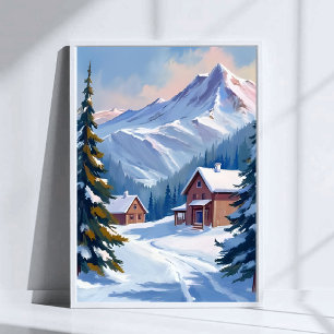 Ski Chalet Berglandschap Aquarel Winter Poster