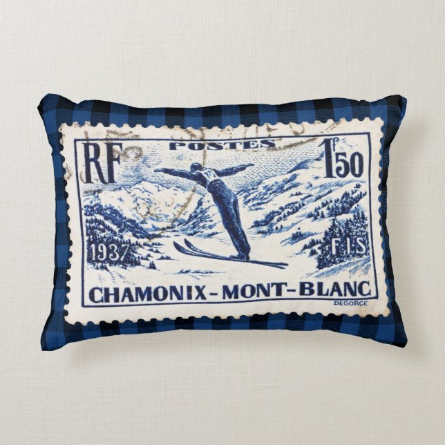  Ski Chamonix-Mont Blanc Postal Stamp Accent Kussen (Voorkant)