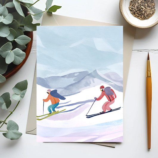 Ski Dag | Waterverf Winterberg Feestdagenkaart