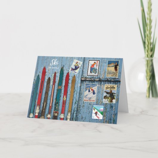 Ski De  wereldkleurige houtskist Feestdagen Kaart (Voorkant)
