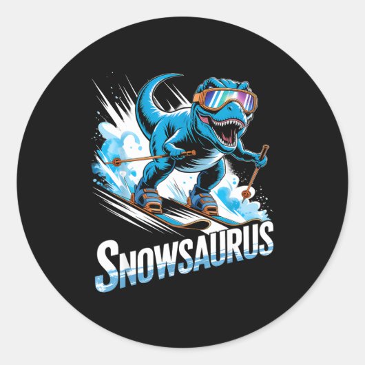 Ski Dinosaur Winter Sport Skier Dino Funny Skiing Ronde Sticker (Voorkant)