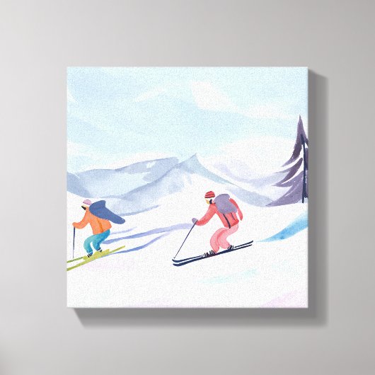 Ski Friends | Prachtige Waterverf skiberg Canvas Afdruk (Voorkant)
