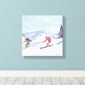 Ski Friends | Prachtige Waterverf skiberg Canvas Afdruk (Insitu (Houten vloer))