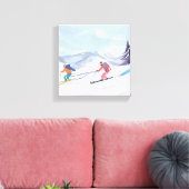 Ski Friends | Prachtige Waterverf skiberg Canvas Afdruk (Insitu (Woonkamer))