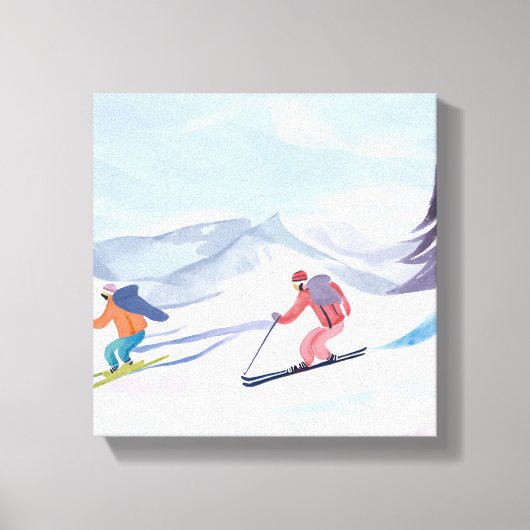 Ski Friends | Prachtige Waterverf skiberg Canvas Afdruk (Voorkant)