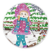 Ski girl kinder kamerkeramische knop (Voorkant)