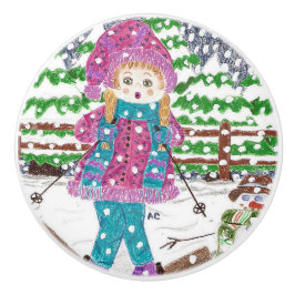 Ski girl kinder kamerkeramische knop