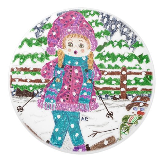 Ski girl kinder kamerkeramische knop (Voorkant)