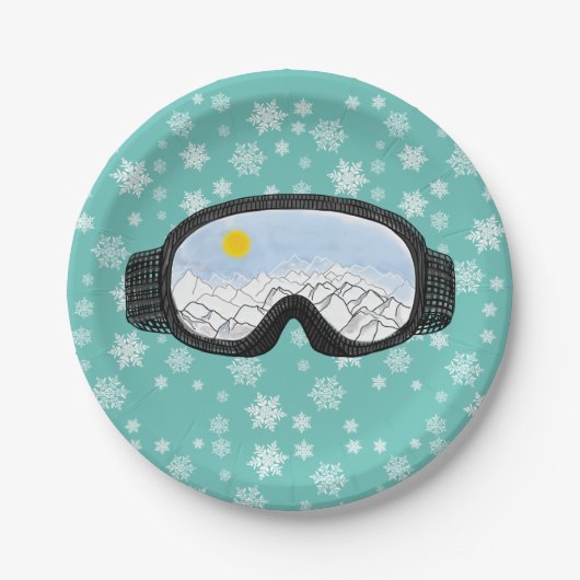 Ski Goggles Mountain Uitzicht Snowflakes Blue Papieren Bordje (Voorkant)