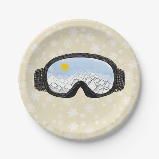 Ski Goggles Mountain Uitzicht Snowflakes Off White Papieren Bordje (Voorkant)