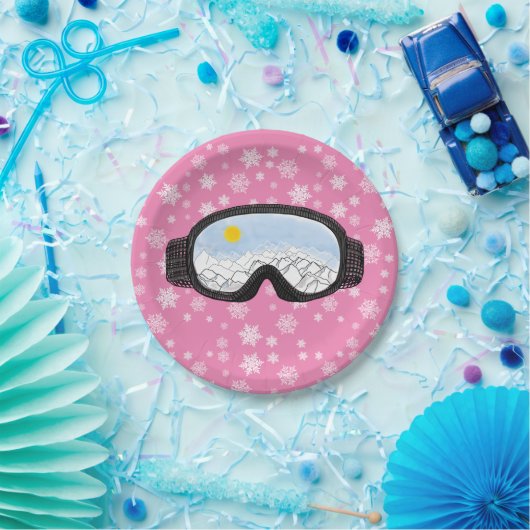 Ski Goggles Mountain Uitzicht Snowflakes Roze Papieren Bordje (Feest)