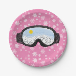 Ski Goggles Mountain Uitzicht Snowflakes Roze Papieren Bordje