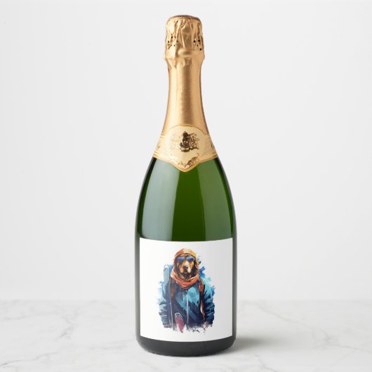 Ski hond in ski bril 5 sparkling wijnetiket (Voorkant)