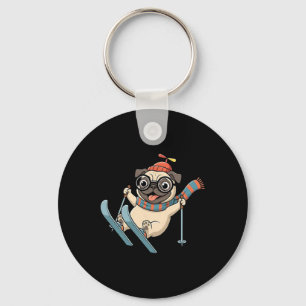 Ski Hond Winter Pug Op Pistes Grappig Sneeuw Avont Sleutelhanger