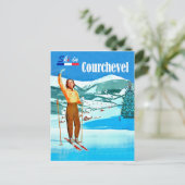 Ski in Courchevel, vrouw op ski, Frankrijk Briefkaart (Staand voorkant)
